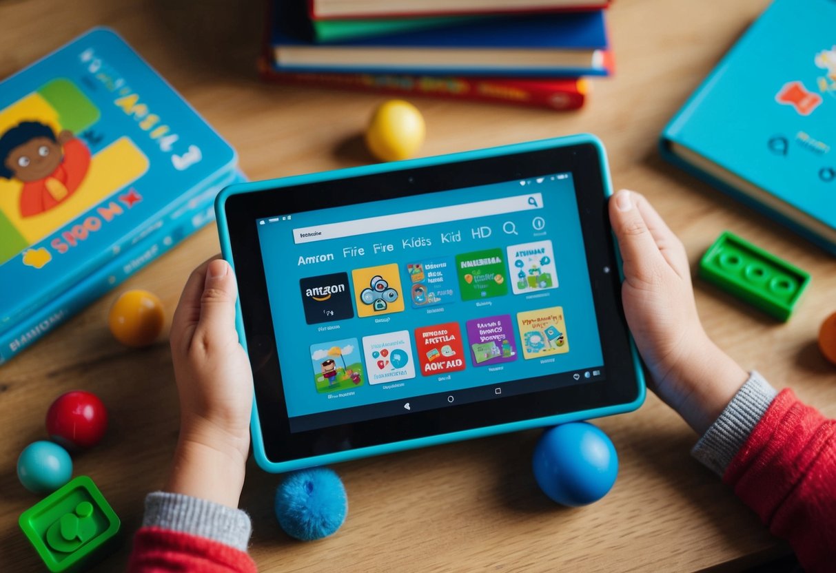 A child's hands holding an Amazon Fire HD Kids Edition Tablet, surrounded by educational toys and books