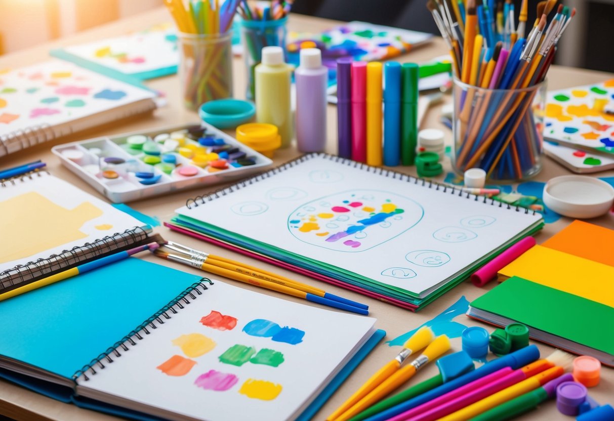 A colorful array of art supplies scattered on a table, including paintbrushes, markers, and sketchbooks, with a child's drawing in progress