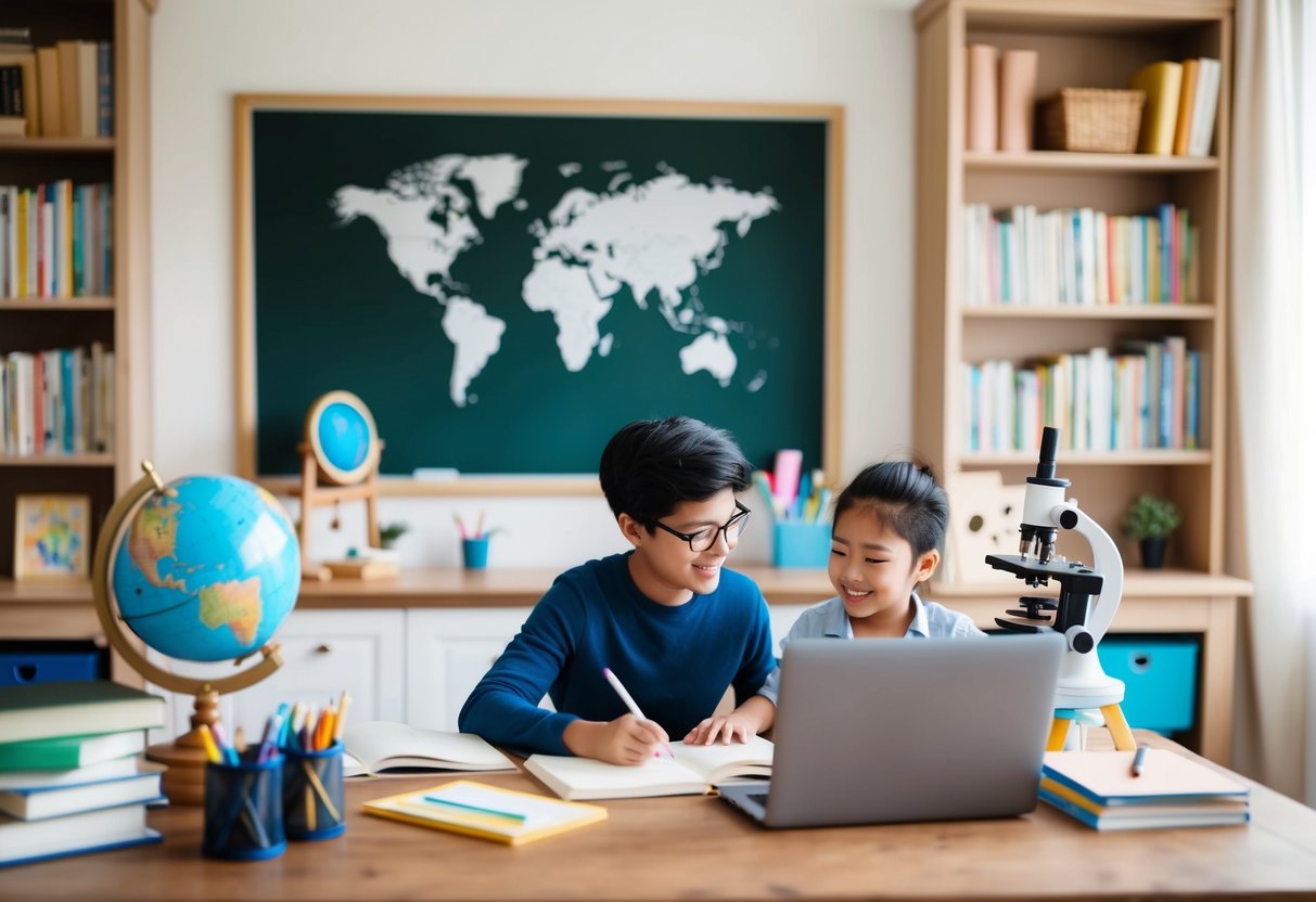 A cozy home study with books, a chalkboard, globe, microscope, art supplies, and a laptop on a desk. A parent and child sit together, engaged in learning activities