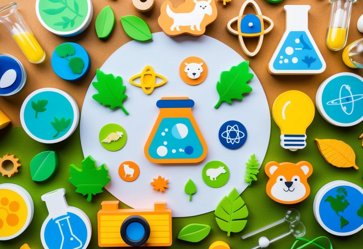 A colorful array of science and nature-themed icons, such as beakers, leaves, animals, and planets, arranged in a playful and educational manner