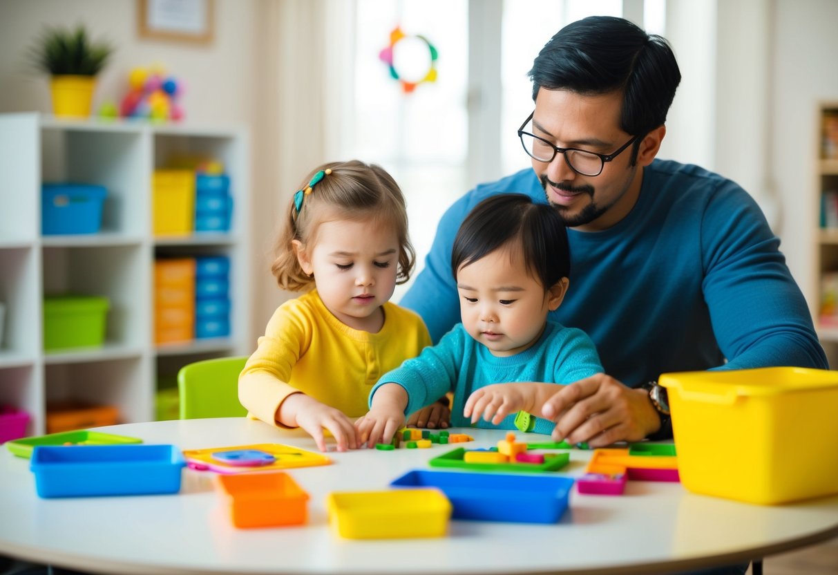 A parent sits at a table with their young child, surrounded by colorful educational materials. The child is engaged in hands-on learning activities while the parent looks on, offering guidance and support