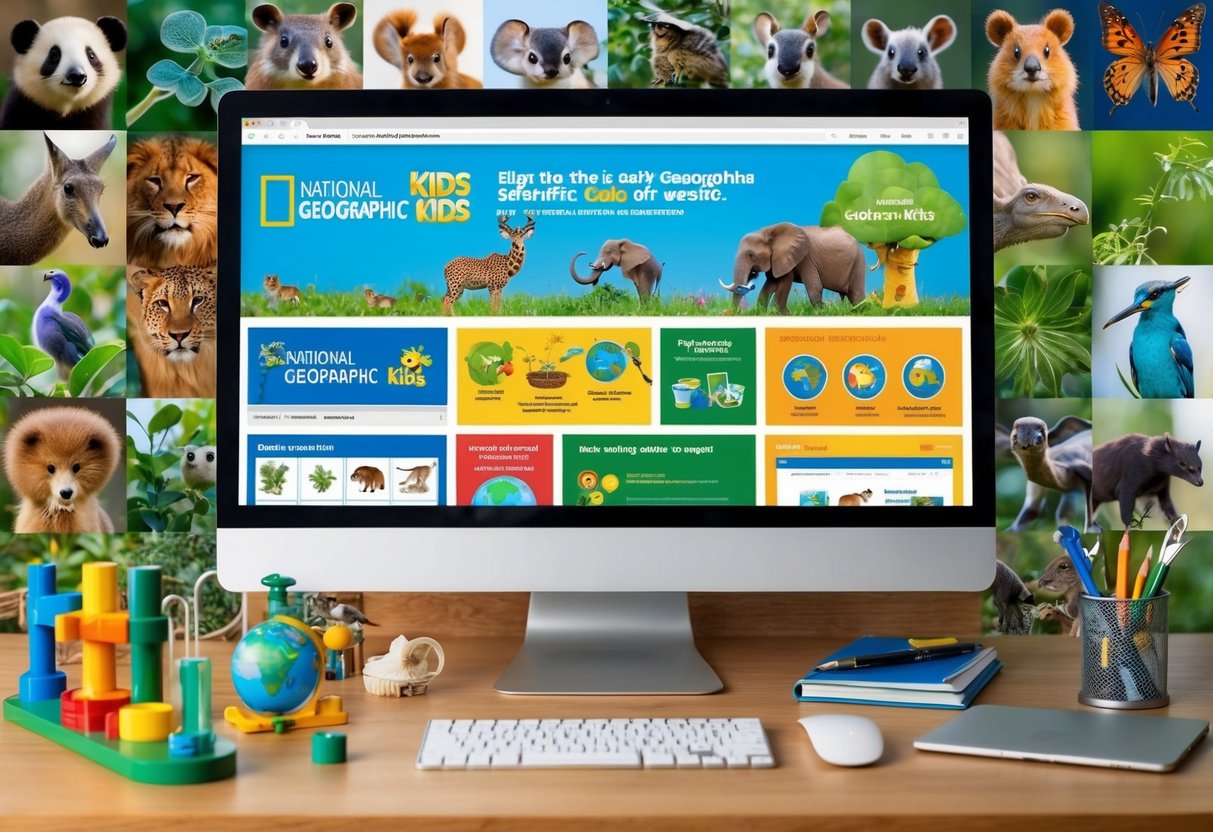 A colorful collage of animals, plants, and scientific tools arranged around a computer screen displaying the National Geographic Kids website