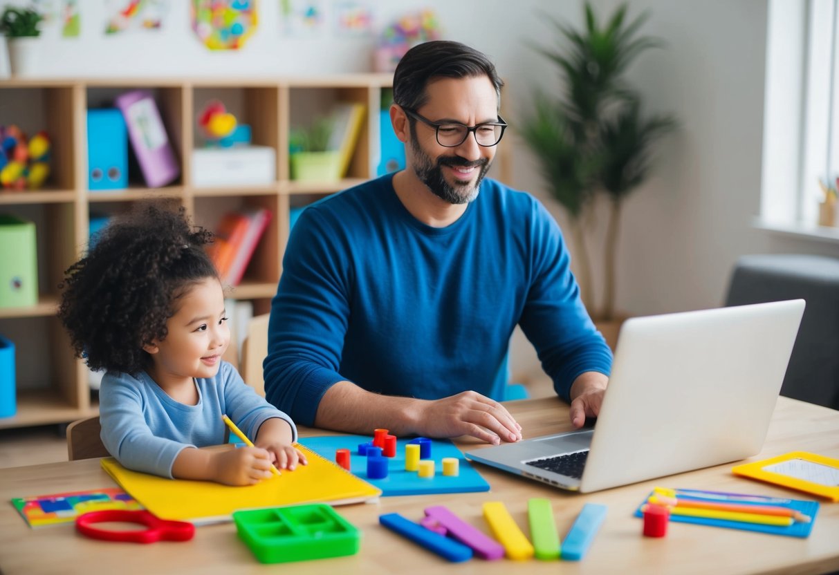 A parent sits at a table with a laptop, surrounded by educational materials and colorful learning tools