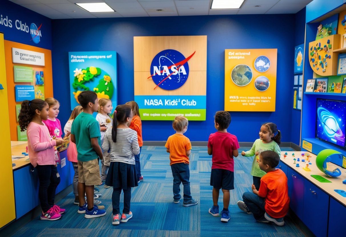 A group of children explore interactive exhibits about space, nature, and science at the NASA Kids' Club, surrounded by colorful educational displays and engaging activities