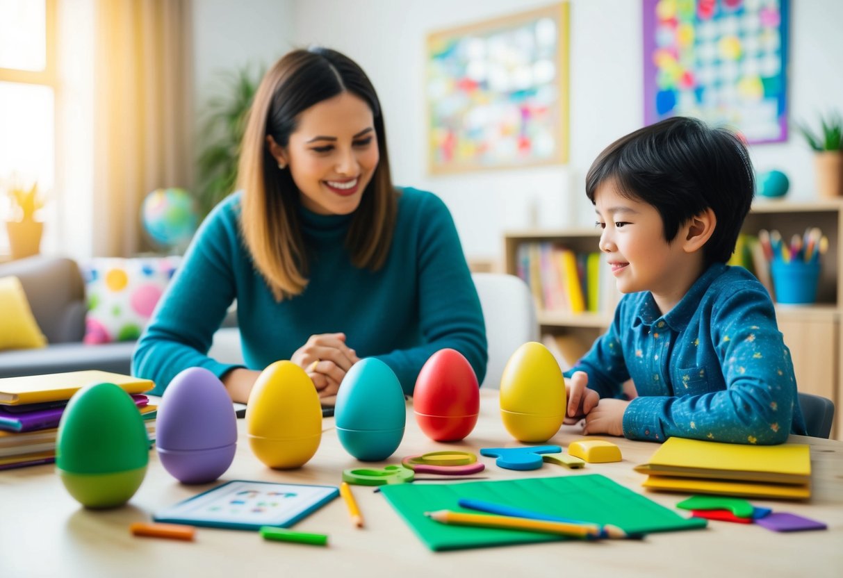 A cozy homeschooling space with a parent surrounded by 9 colorful and engaging learning tools from Reading Eggs