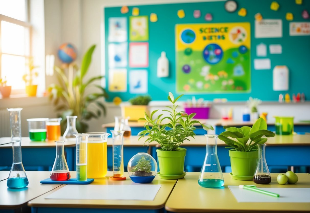 A colorful and vibrant classroom setting with various science and nature-related objects such as beakers, plants, animals, and educational posters