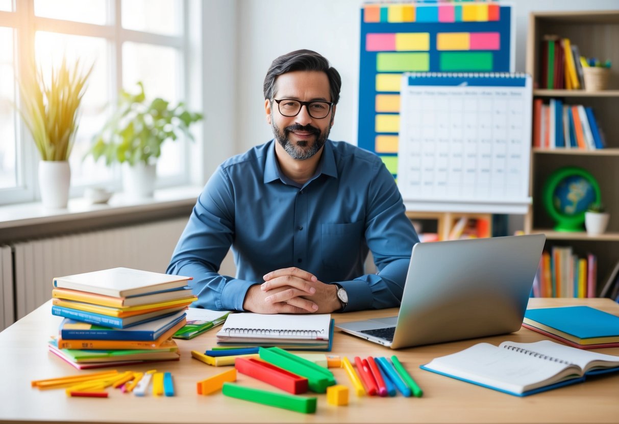 A parent sits at a table surrounded by educational materials, a laptop, and a calendar. A stack of books and colorful learning tools are spread out in front of them