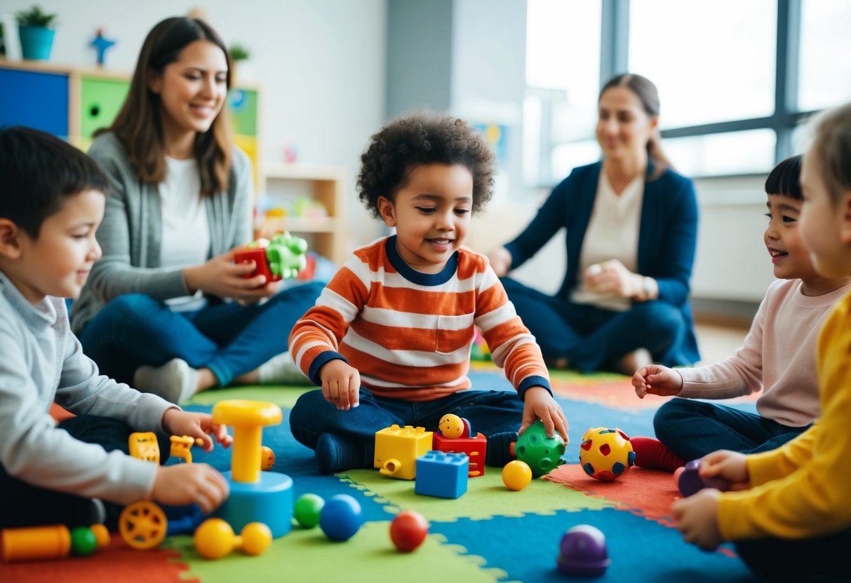 A child playing with toys and engaging in activities with peers, while a parent or caregiver observes and provides support from a distance