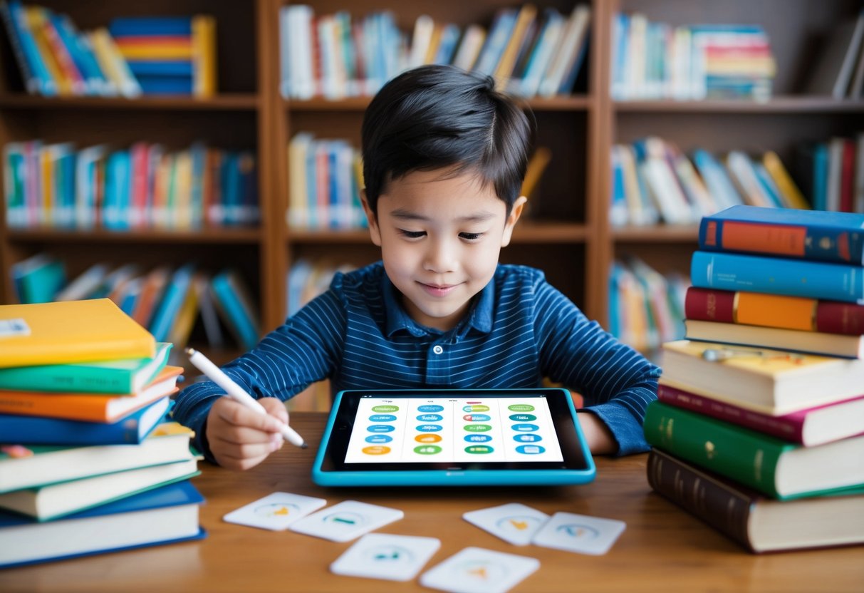 A child surrounded by books, using a variety of reading tools such as flashcards, a dictionary, and a tablet with educational apps