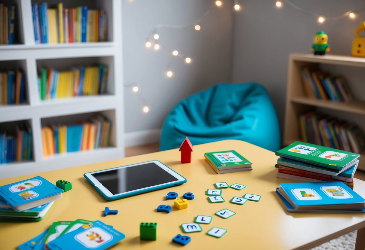 A child's desk with books, flashcards, a tablet, and colorful letter blocks scattered around. A cozy reading nook with a bean bag chair and a bookshelf filled with children's books