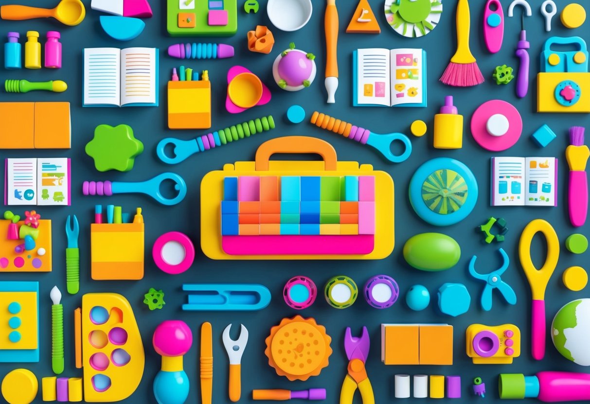 A colorful and vibrant illustration of various tools such as books, toys, and art supplies arranged in a playful and inviting manner, evoking a sense of warmth and support for a child's emotional and social development