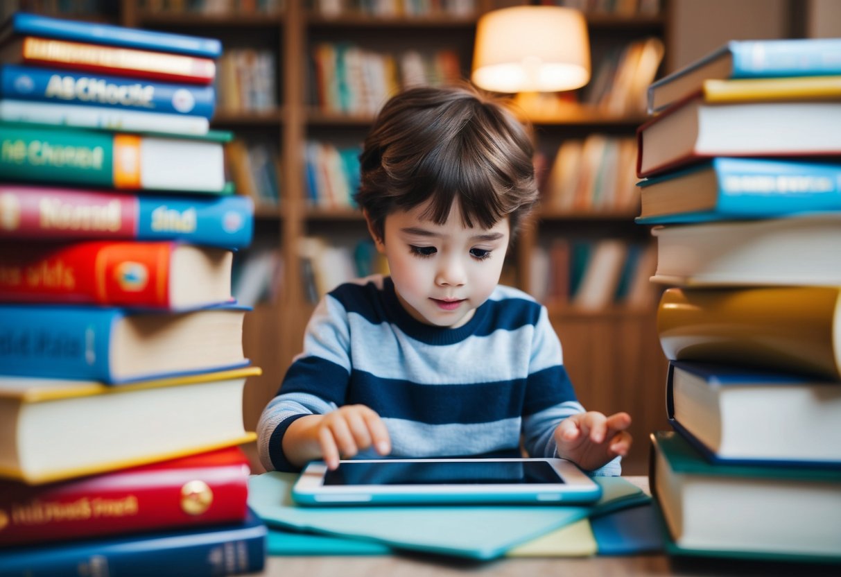 A child surrounded by books, using ABCmouse reading tools on a tablet