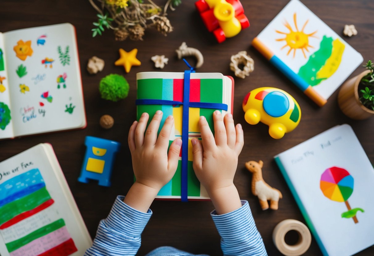 A child's hands holding a journal surrounded by colorful drawings, toys, and nature elements