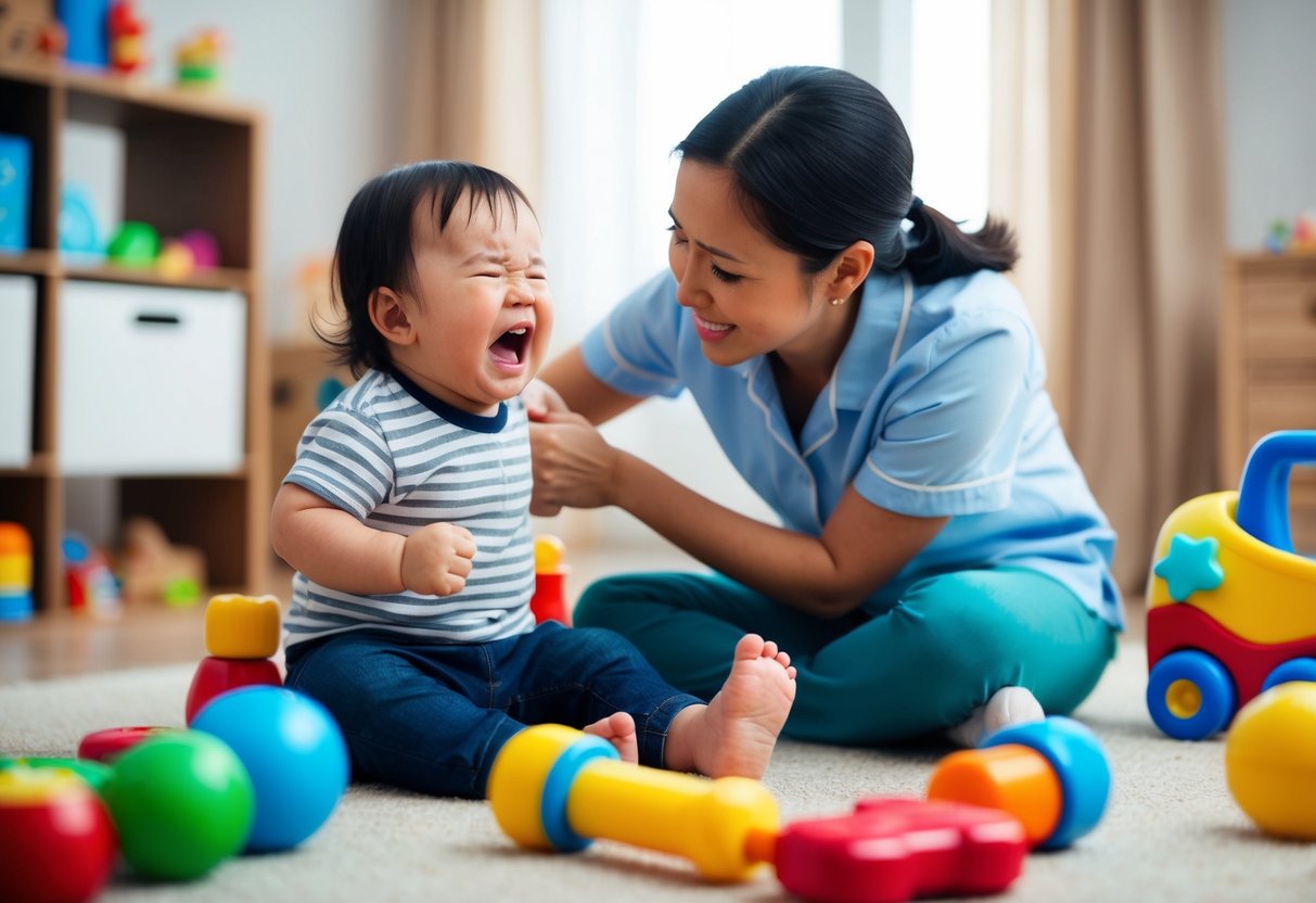 A toddler surrounded by toys, crying and stomping feet while a caregiver calmly offers a comforting hug