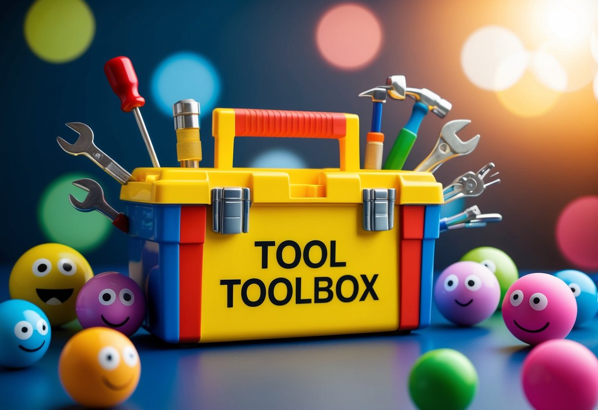 A colorful toolbox with various tools representing emotions and social skills, surrounded by playful and diverse characters