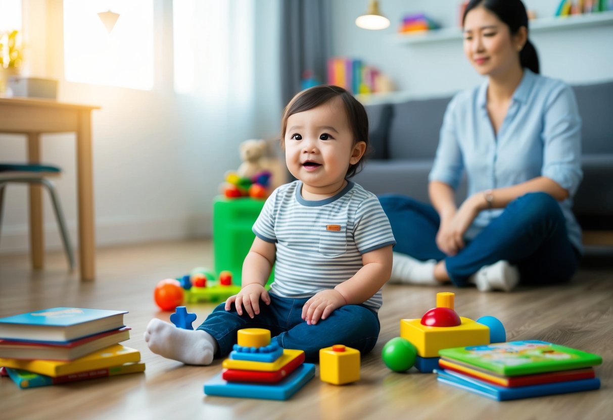 A toddler sitting on the floor, surrounded by toys and books, while an adult calmly observes from a distance