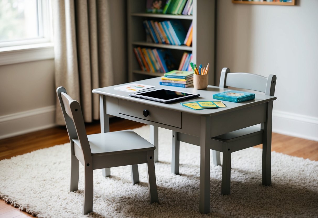 A cozy, well-lit room with a child's desk and chair. On the desk, there are various reading tools such as books, flashcards, and a tablet. A soft rug and bookshelf complete the scene