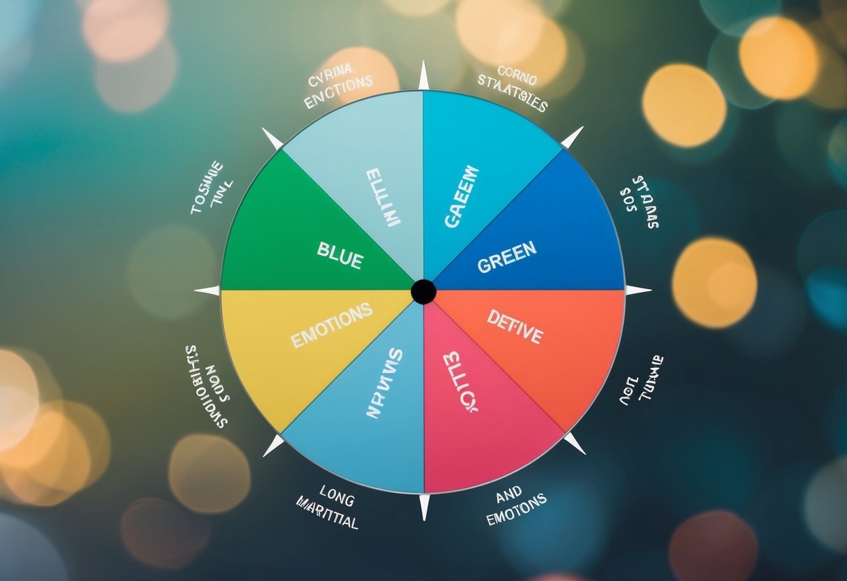 A colorful wheel divided into four zones (blue, green, yellow, red) with corresponding emotions and coping strategies