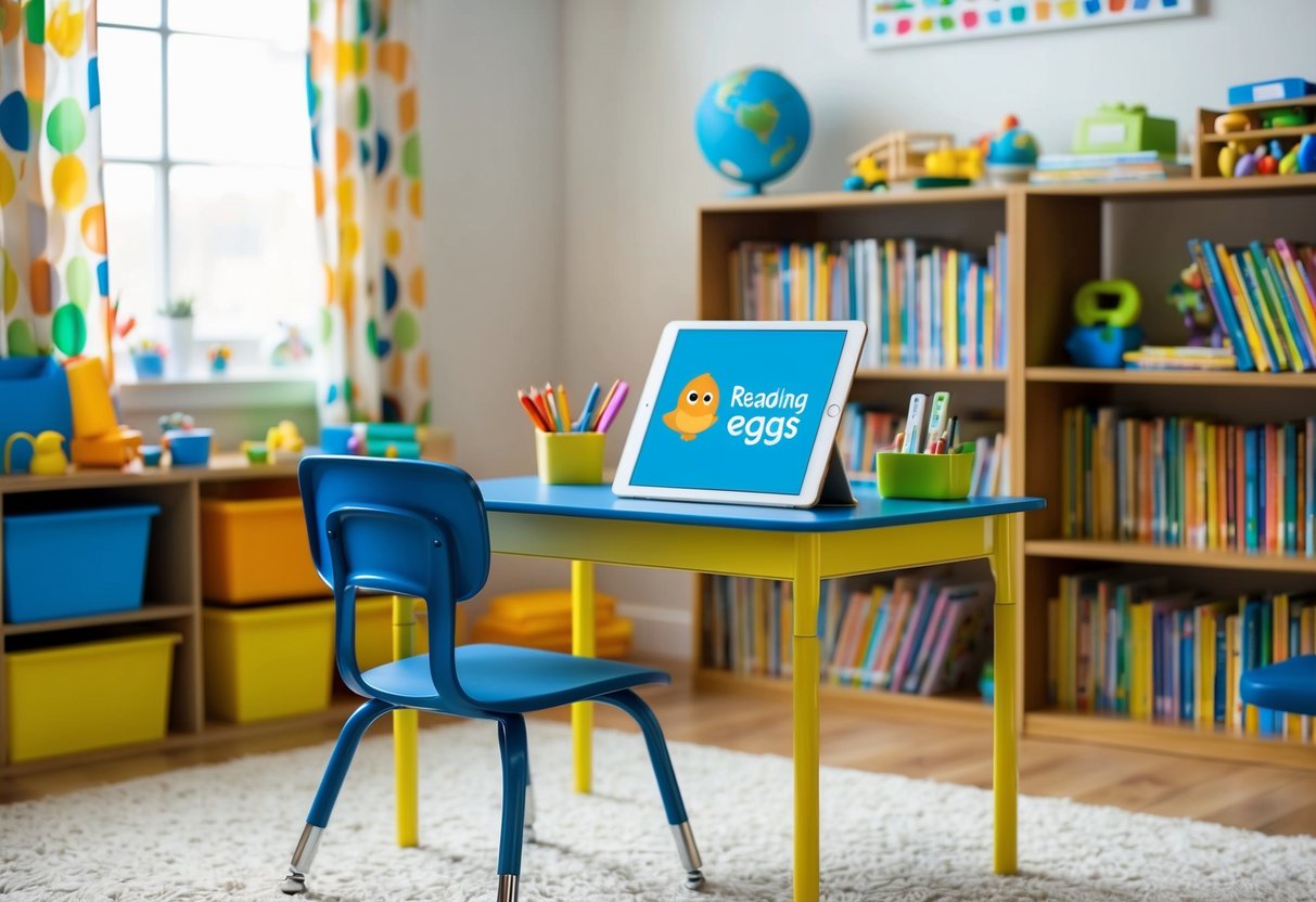 A cozy, well-lit room with a child's desk and chair. A bookshelf filled with colorful books, a tablet displaying the Reading Eggs logo, and various educational tools scattered around the room