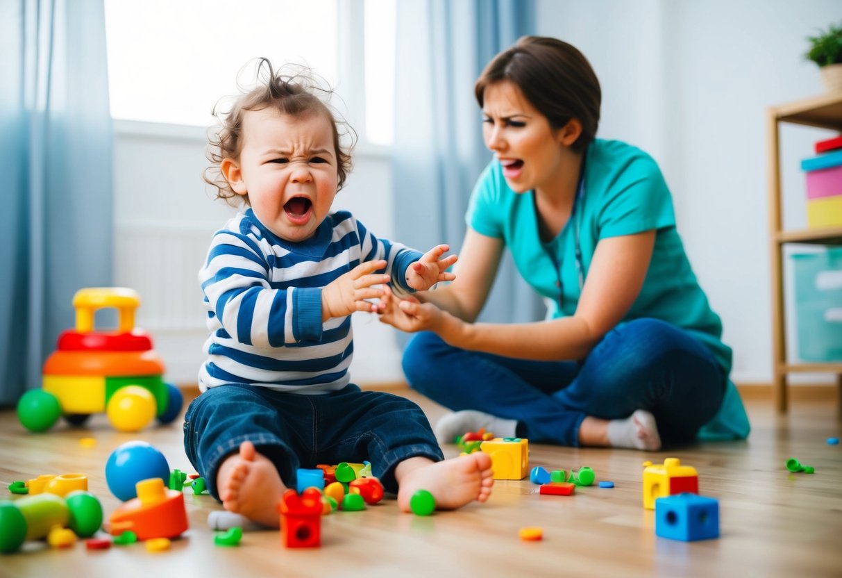 A toddler throwing a tantrum, with toys scattered on the floor and a frustrated caregiver trying to calm the child