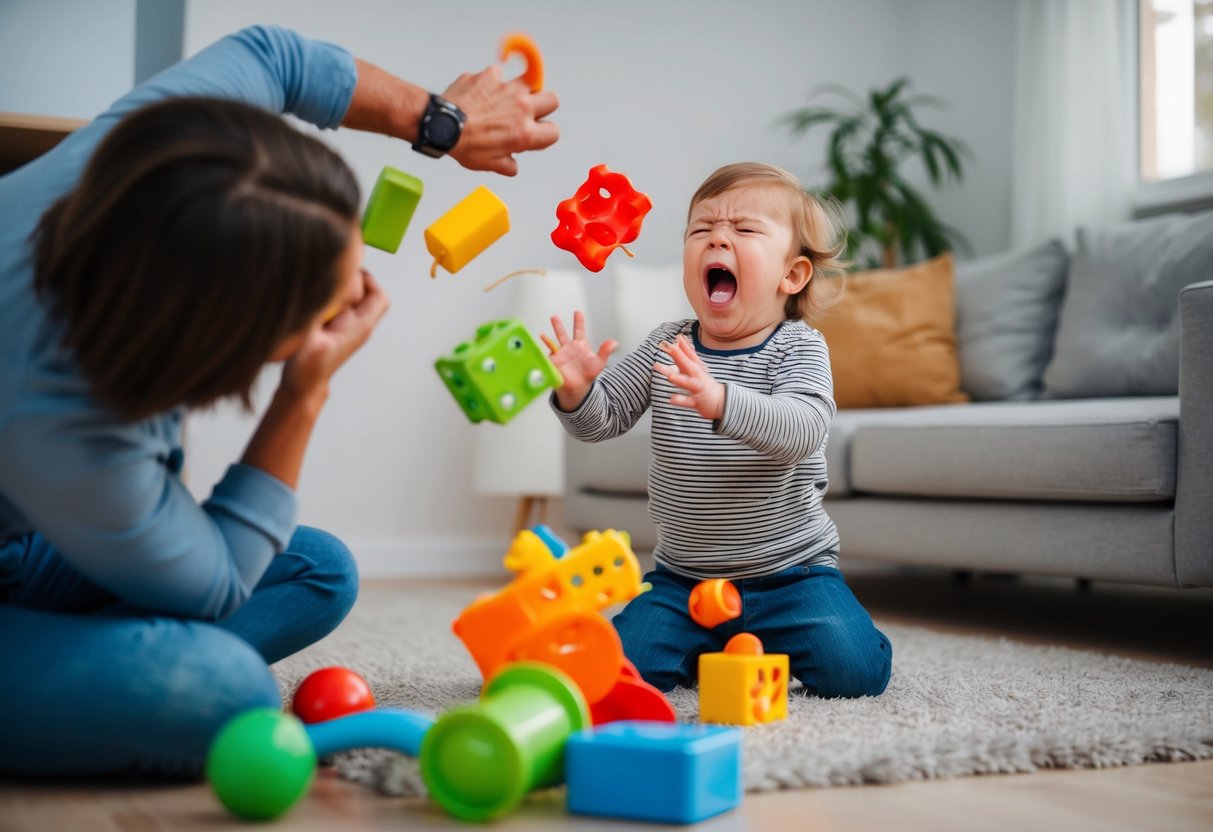 A frustrated toddler throws toys and screams while a parent tries to calm them down