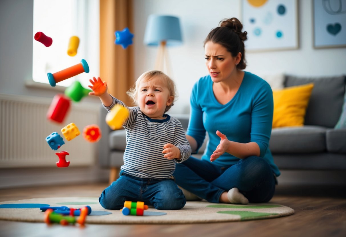 A frustrated toddler throws toys while a calm adult uses a soothing tone to redirect the child's attention