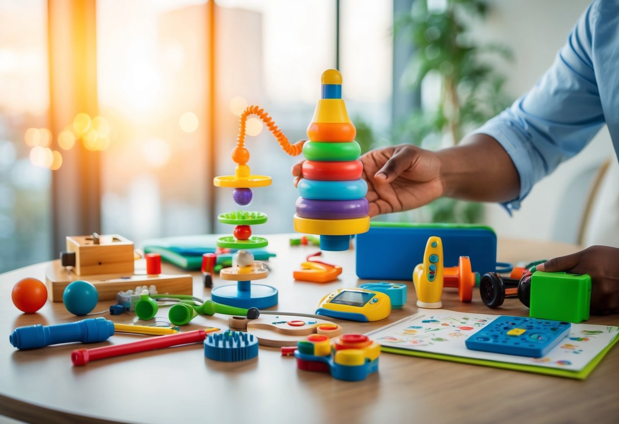 A parent's hand holding various tools: sensory toys, communication devices, therapy equipment, and educational materials, arranged on a table