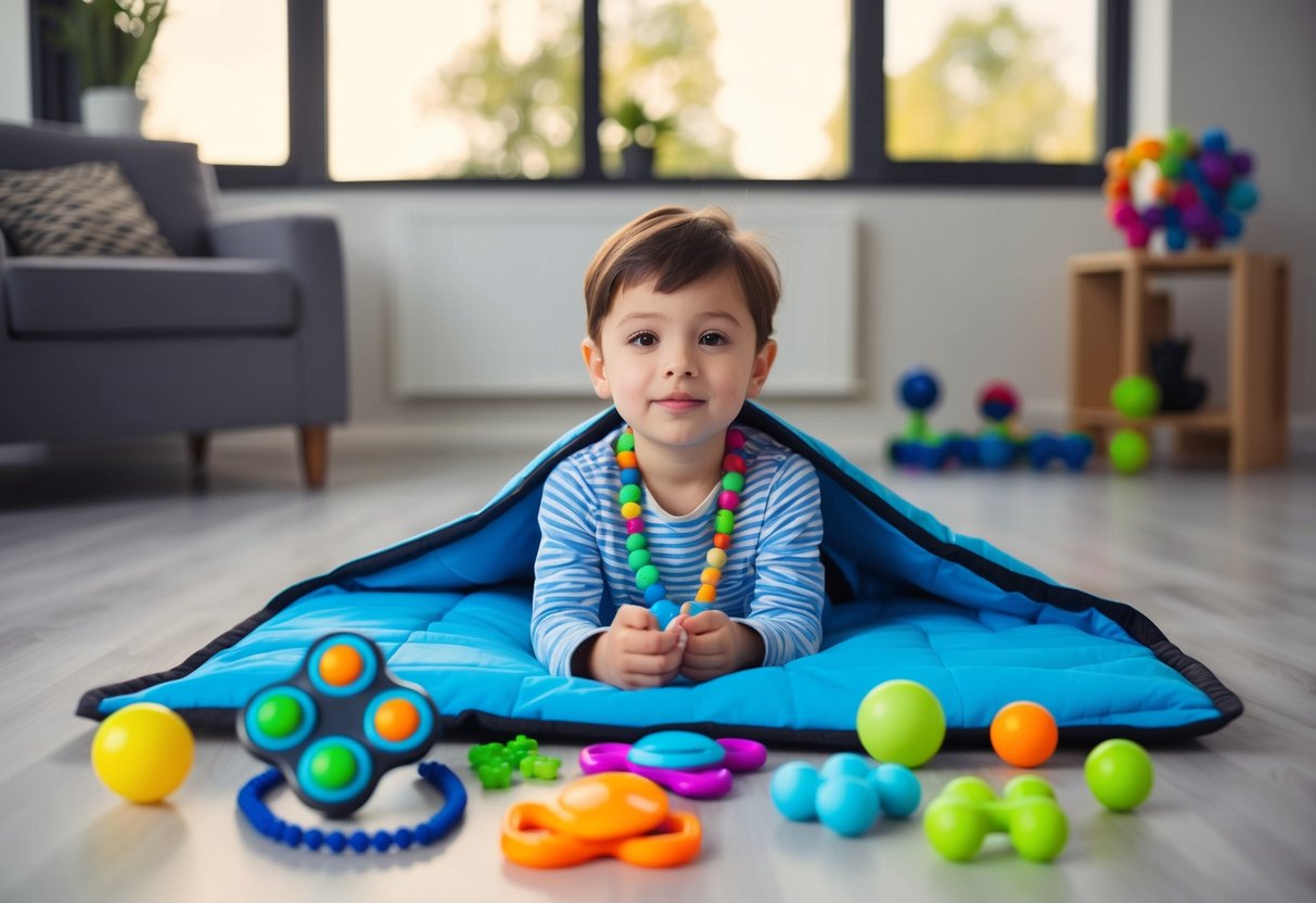 A child with special needs sits under a weighted blanket surrounded by sensory tools such as fidget spinners, chewable necklaces, and stress balls