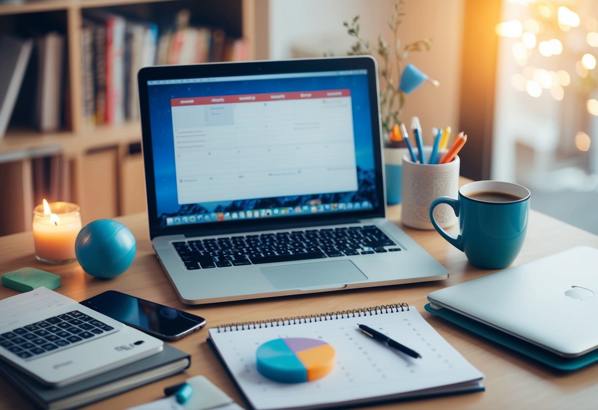 A cluttered desk with a laptop, coffee mug, stress ball, calendar, and various parenting books. A soothing candle burns nearby