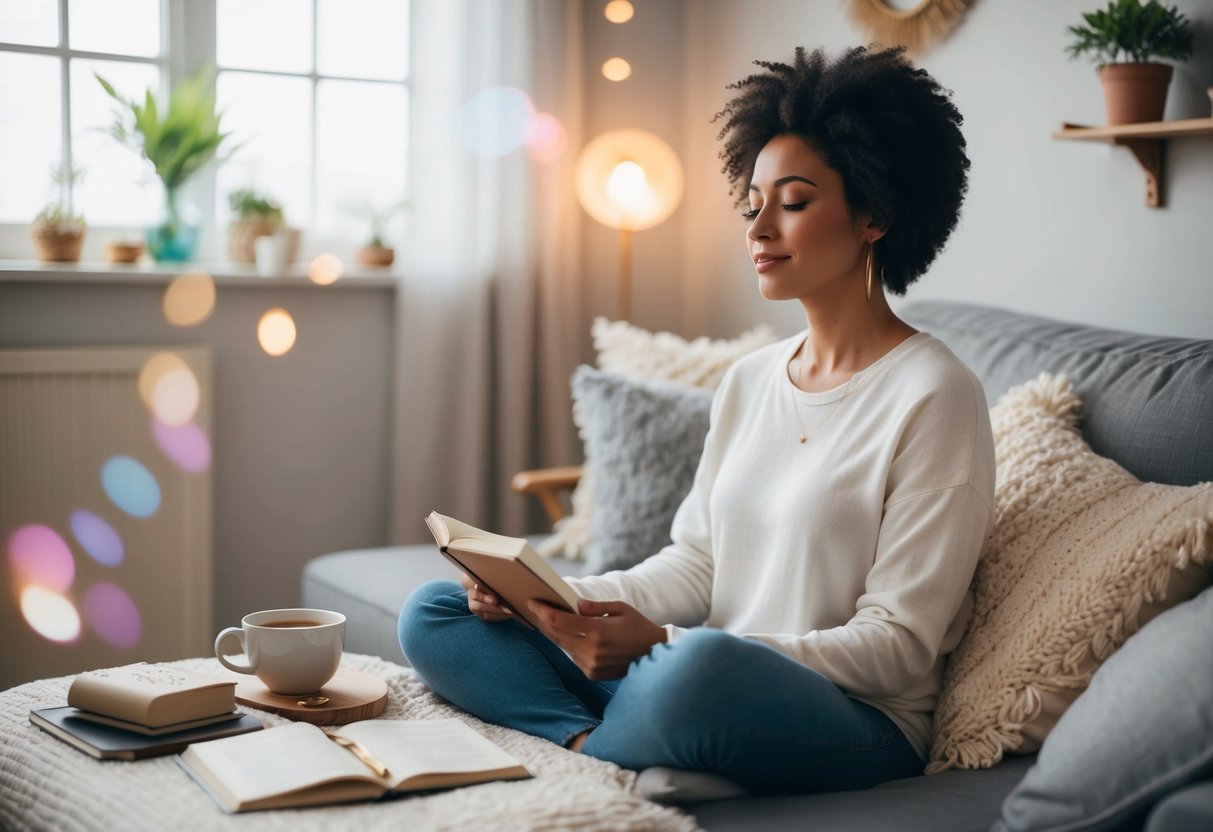 A serene parent sitting in a cozy room, surrounded by calming tools such as a journal, soothing music, and a cup of tea