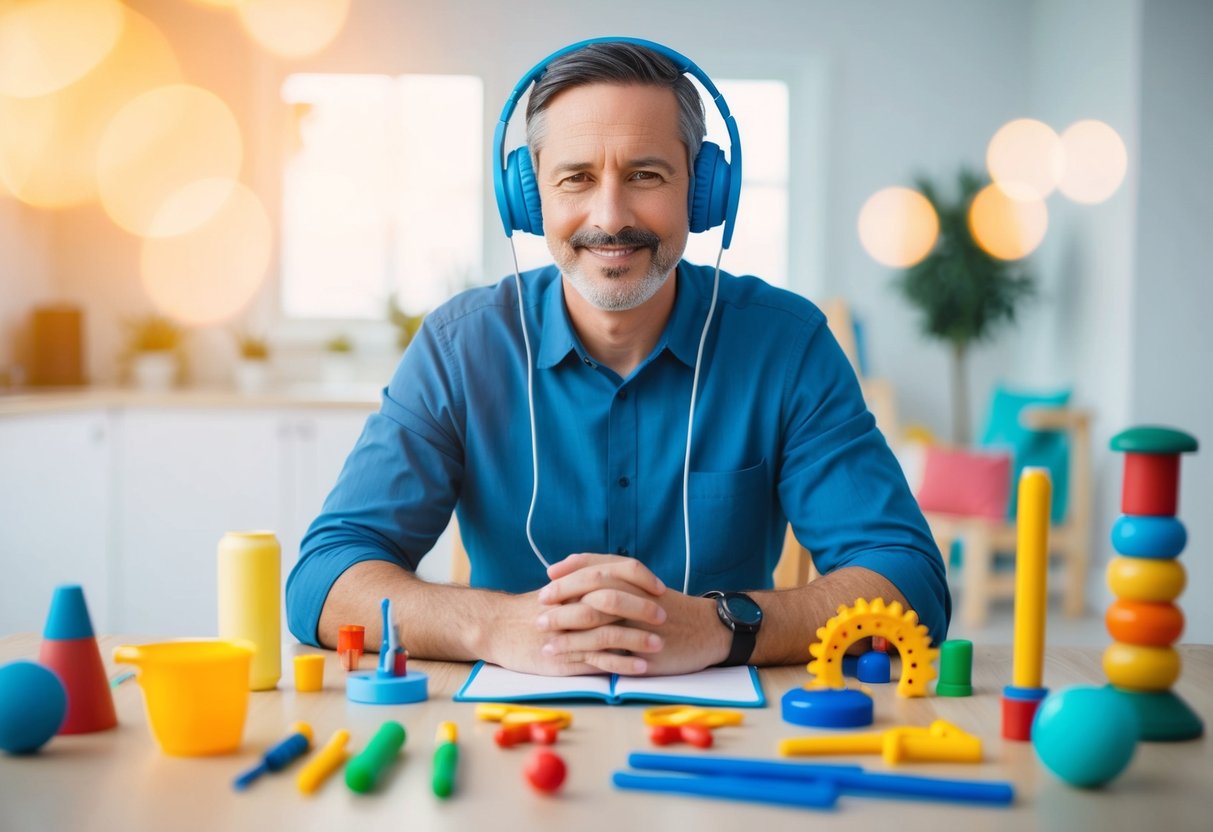 A parent sits with noise-canceling headphones, surrounded by various tools for children with special needs