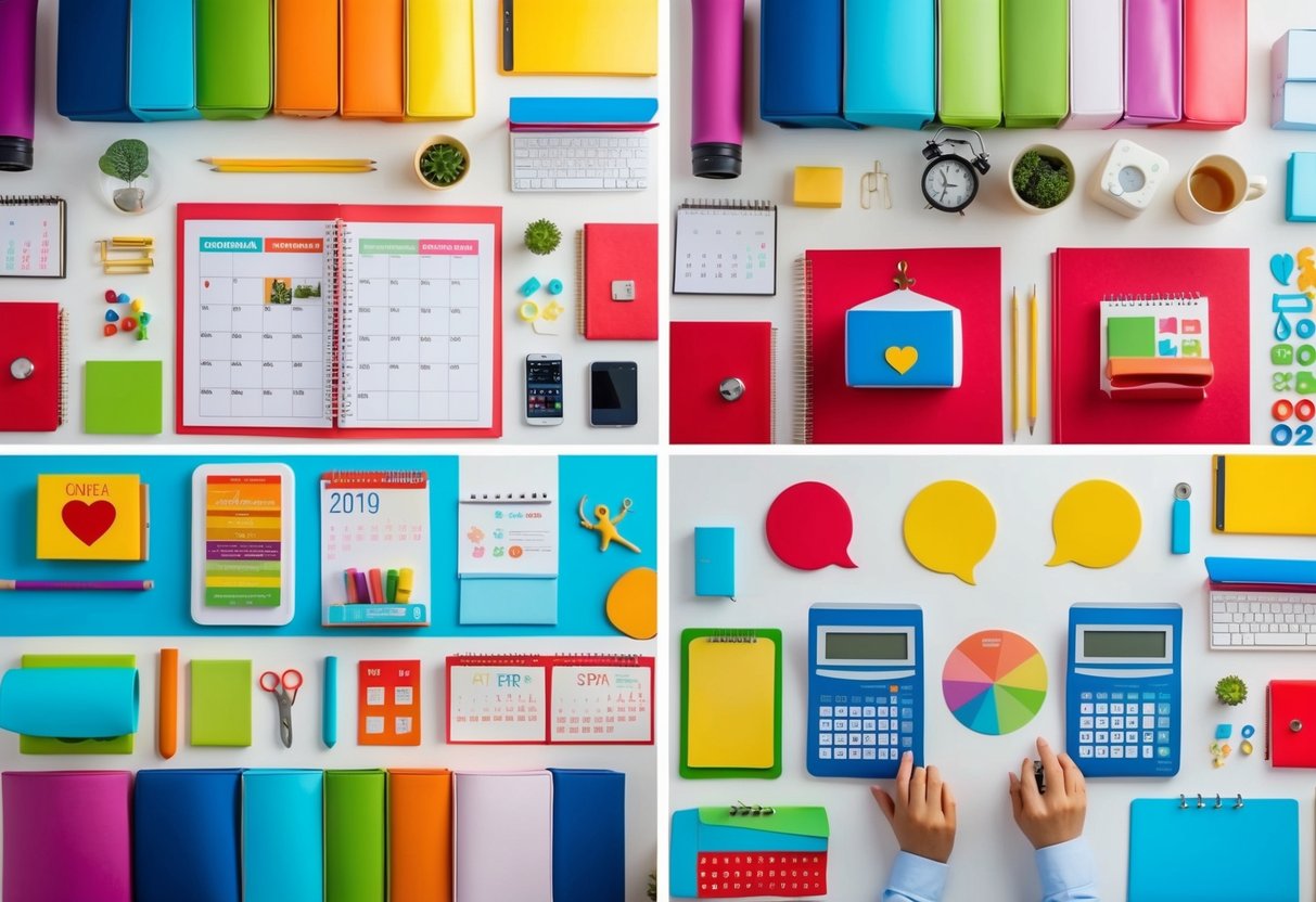 A colorful collage of two households, children's items, calendars, and communication tools arranged in a harmonious and organized manner