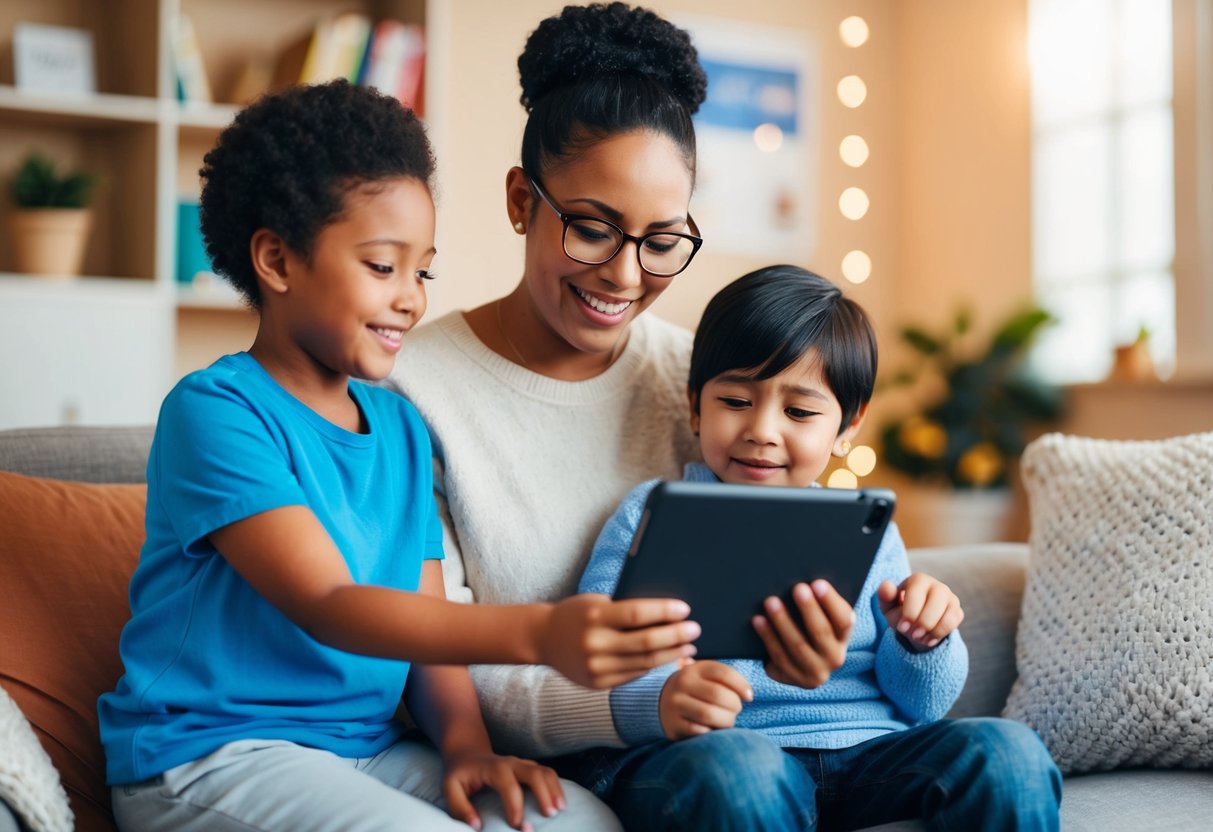 A parent using a tablet to access speech therapy apps while sitting with their child with special needs in a cozy, well-lit room