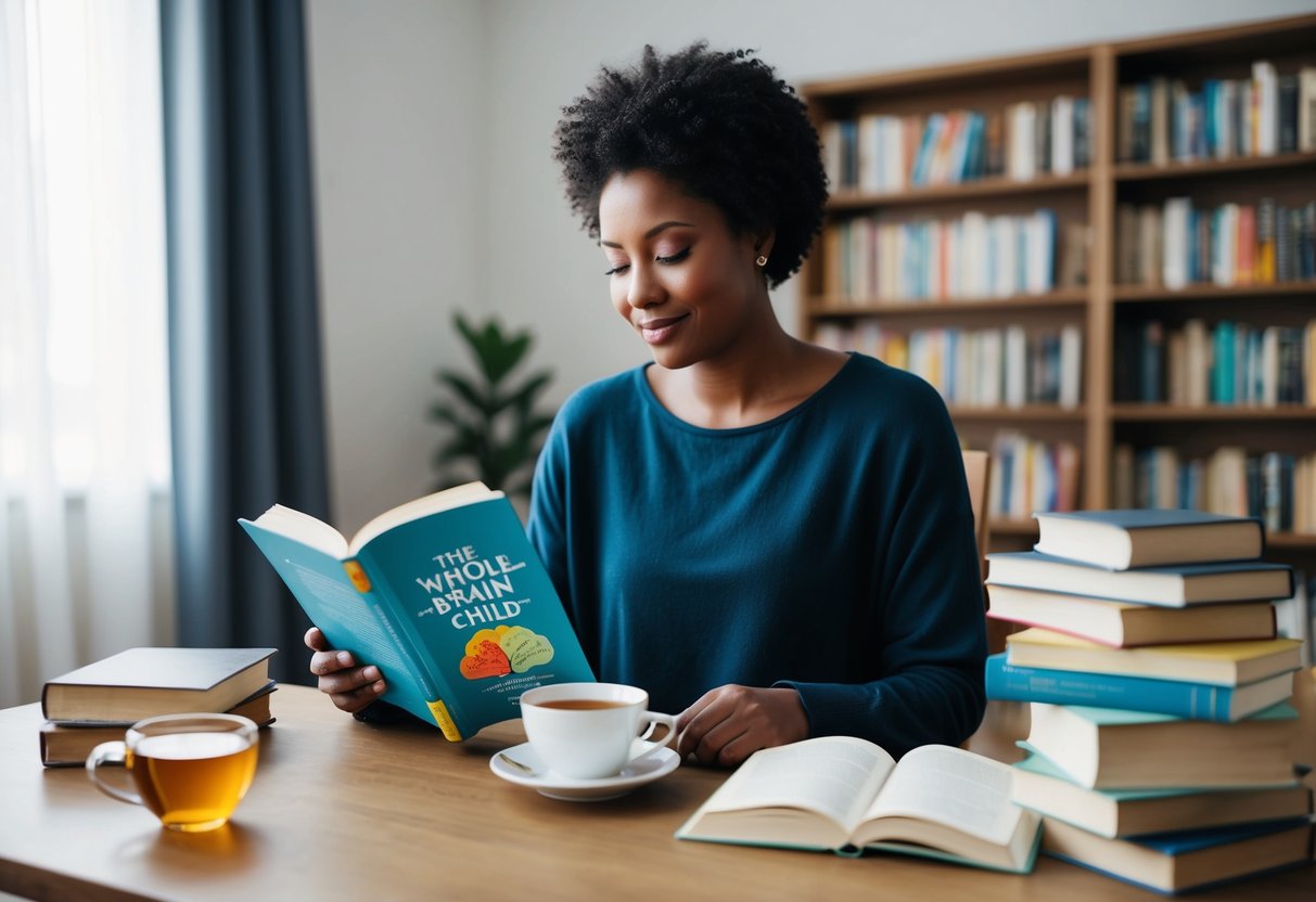 A parent sitting in a quiet room, surrounded by books and a cup of tea, with a serene expression on their face as they read "The Whole-Brain Child" book