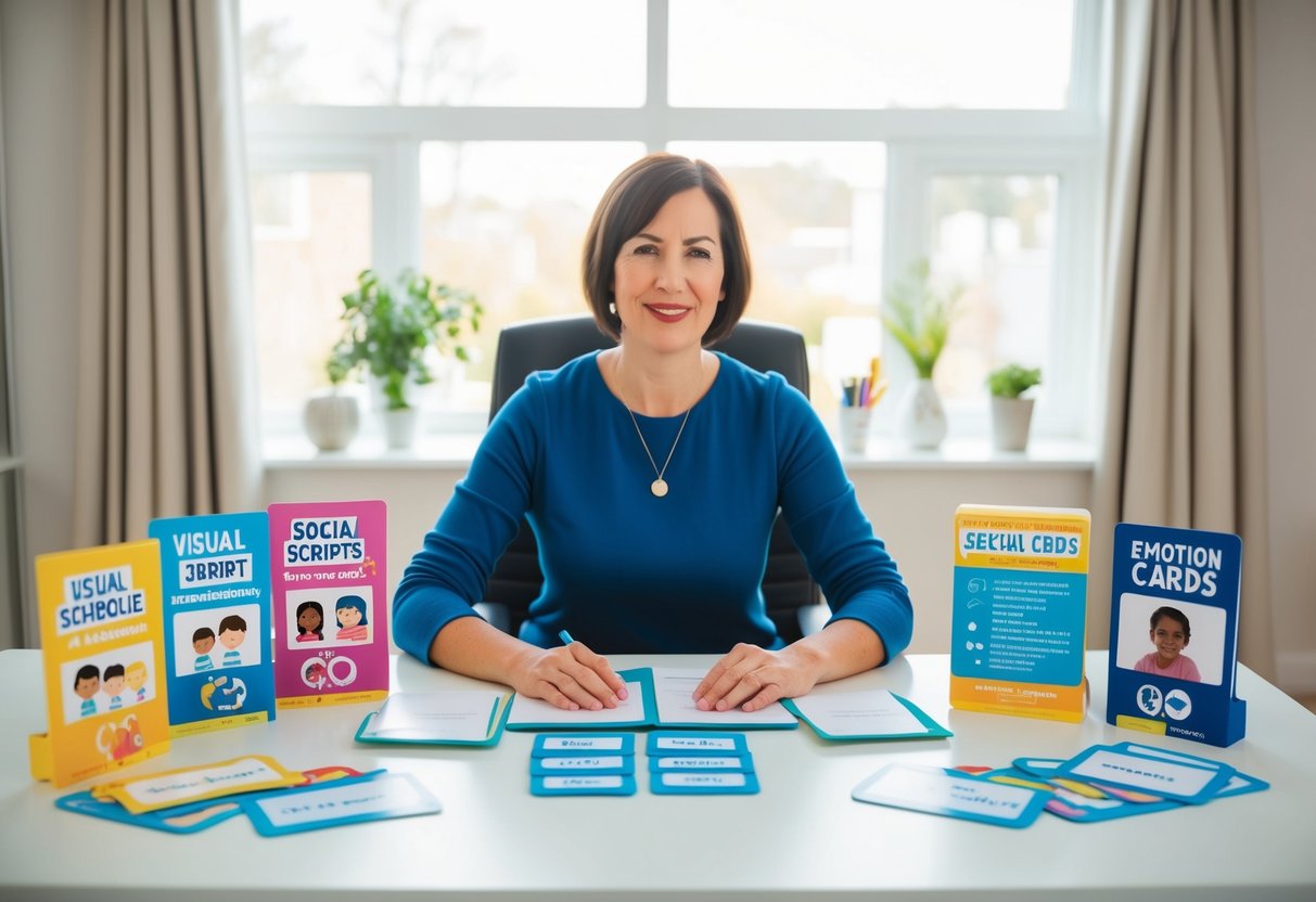 A parent sits at a desk surrounded by various tools such as visual schedules, social scripts, and emotion cards, all designed to support children with special needs