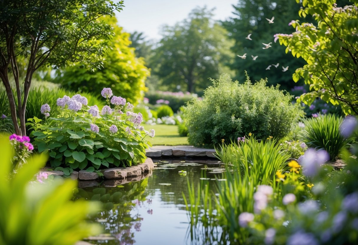 A serene garden with a peaceful pond, surrounded by lush greenery and blooming flowers, with a gentle breeze and the sound of birds chirping