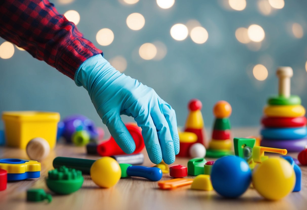 A hand wearing a Gummee Glove reaches for 10 parenting tools amidst scattered toys and a calming background