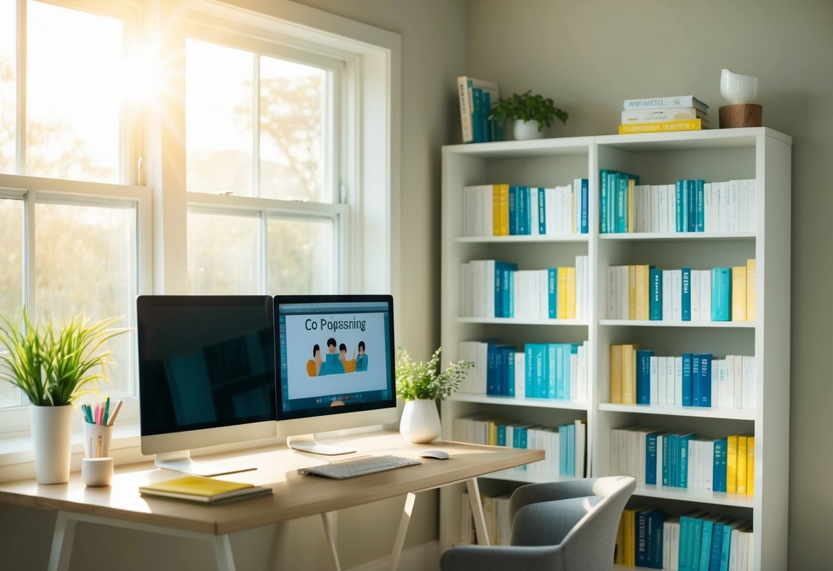 A peaceful, organized home office with a desk, computer, and shelves filled with books and resources on co-parenting. Sunlight streams in through a window, casting a warm glow on the space