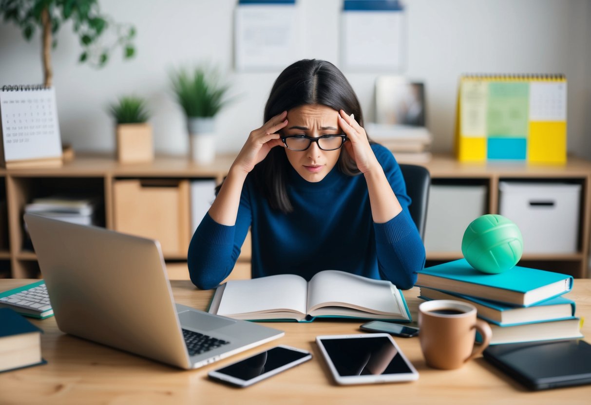 A cluttered desk with a laptop, smartphone, calendar, books, stress ball, and coffee mug. A parent looks overwhelmed while trying to manage the challenges of raising teens