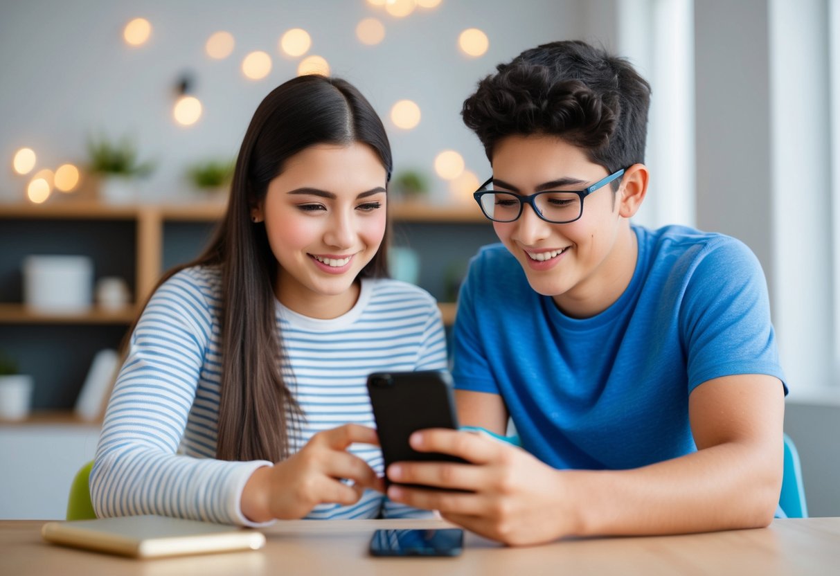 A parent and teenager using the FamilyTime app together, with tools such as screen time management, location tracking, and safe browsing controls visible on the screen