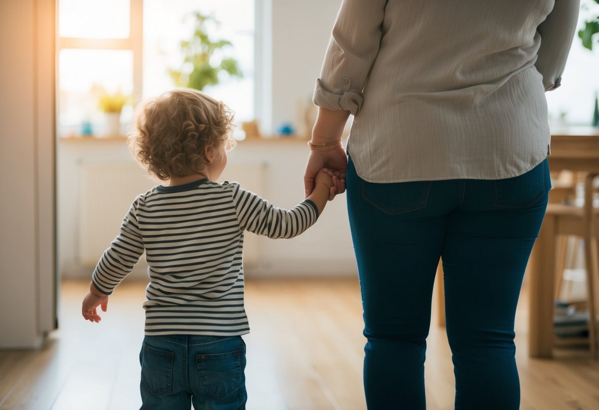 A single parent holding hands with their child while juggling household chores, work, and managing finances