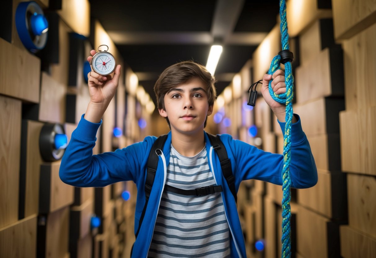 A teenager navigating through a maze of challenges, with tools like a compass, map, flashlight, and rope at their disposal