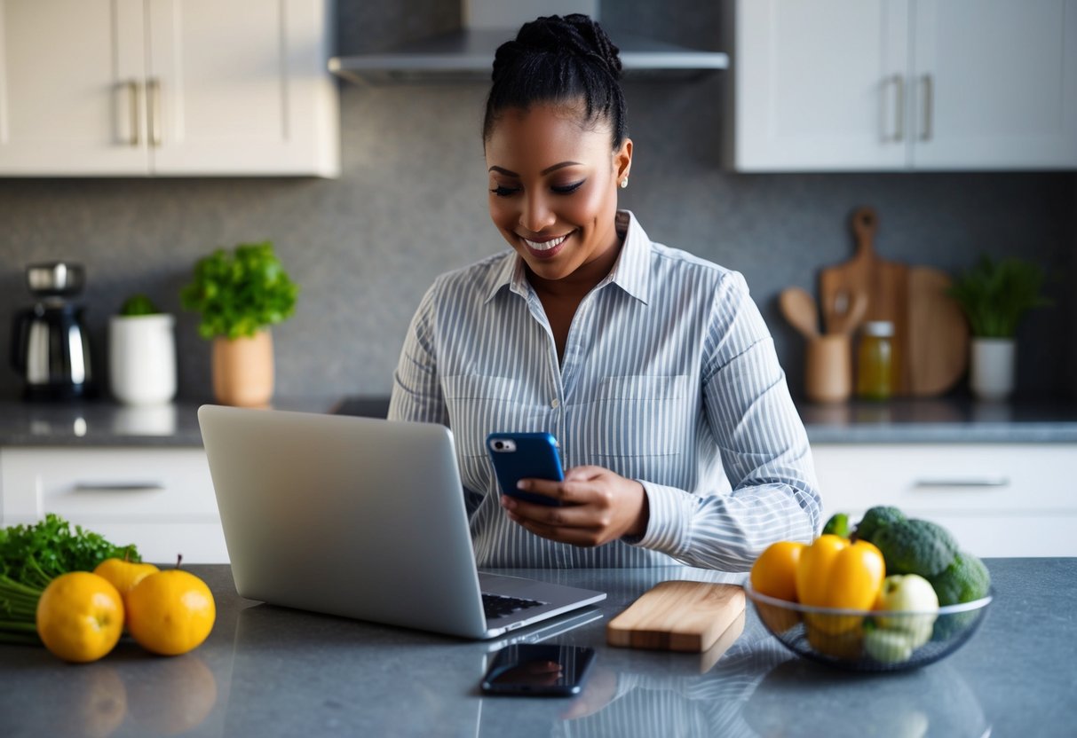 A single parent using Peapod online grocery tools to order groceries with a laptop and smartphone on a kitchen counter