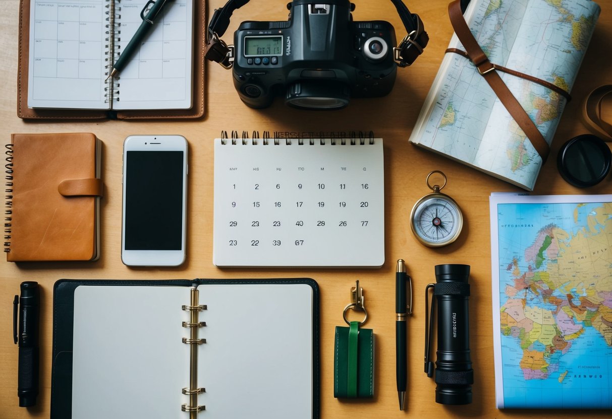 A group of tools arranged on a table, including a smartphone, a calendar, a journal, a pen, a compass, a map, and a flashlight