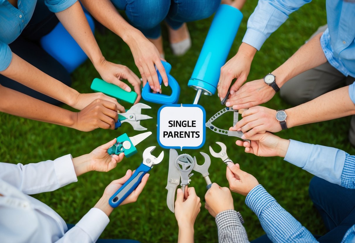 A group of eight diverse tools arranged in a circle, each representing a different form of support for single parents