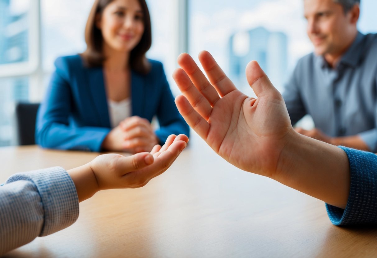 A child's hand reaching out for two separate parents, with a mediator or counselor in the background offering support