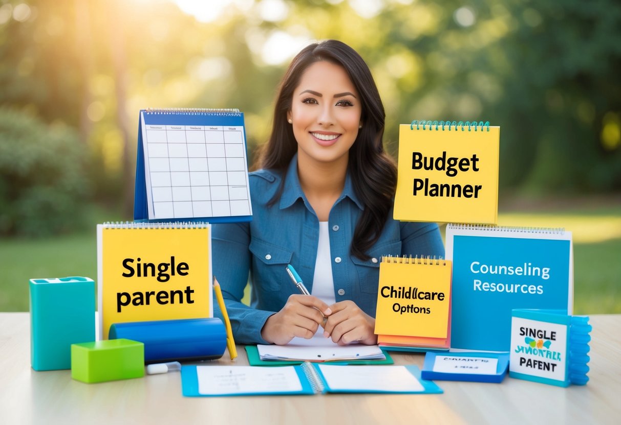 A single parent surrounded by various support tools like a calendar, budget planner, childcare options, and counseling resources