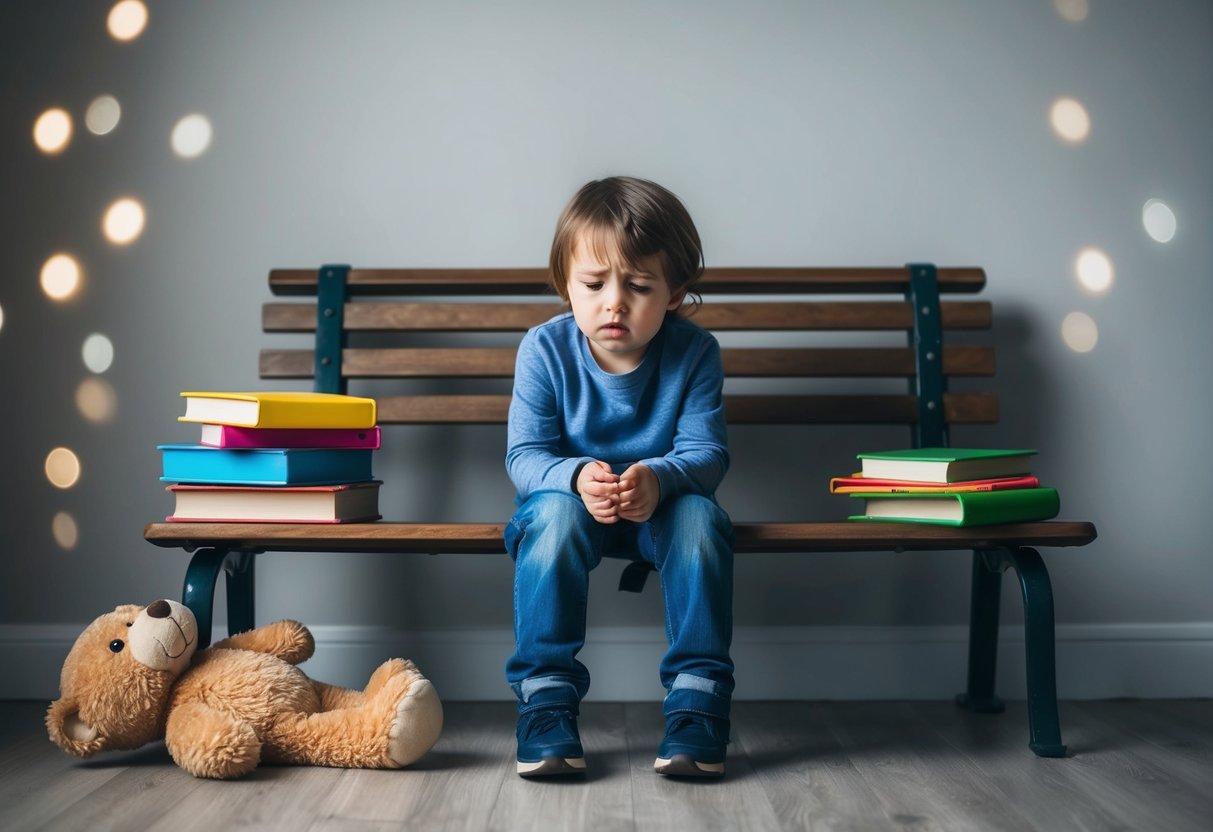 A child sitting alone on a bench, surrounded by toys and books. The child's facial expression shows a mix of sadness and confusion. A teddy bear lies on the ground next to the child