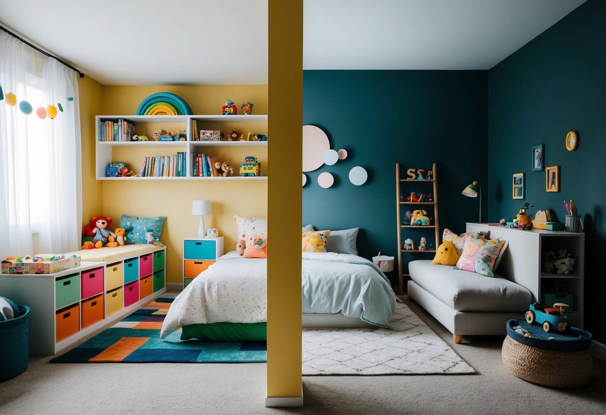 A child's bedroom with two distinct sides - one decorated with bright colors, toys, and a cozy bed, while the other side is more subdued with a separate set of belongings