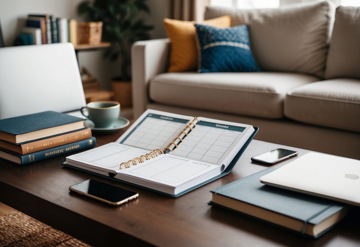 A cozy living room with a family organizer open on the coffee table, surrounded by books, a laptop, a phone, and a cup of tea